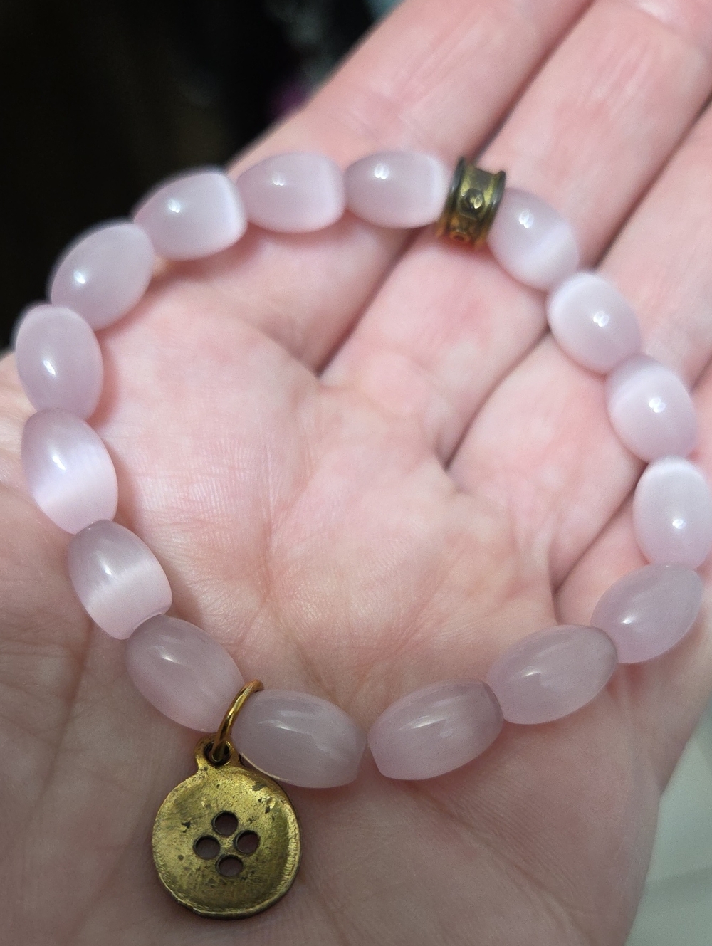 Pink Fiber Optic Cat’s Eye Bead Bracelet with Button Charm